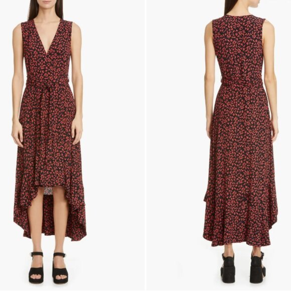 Ganni Black & Red Floral Logo Print High/Low Wrap Dress Womens 40 As Seen on TV - Picture 2 of 10